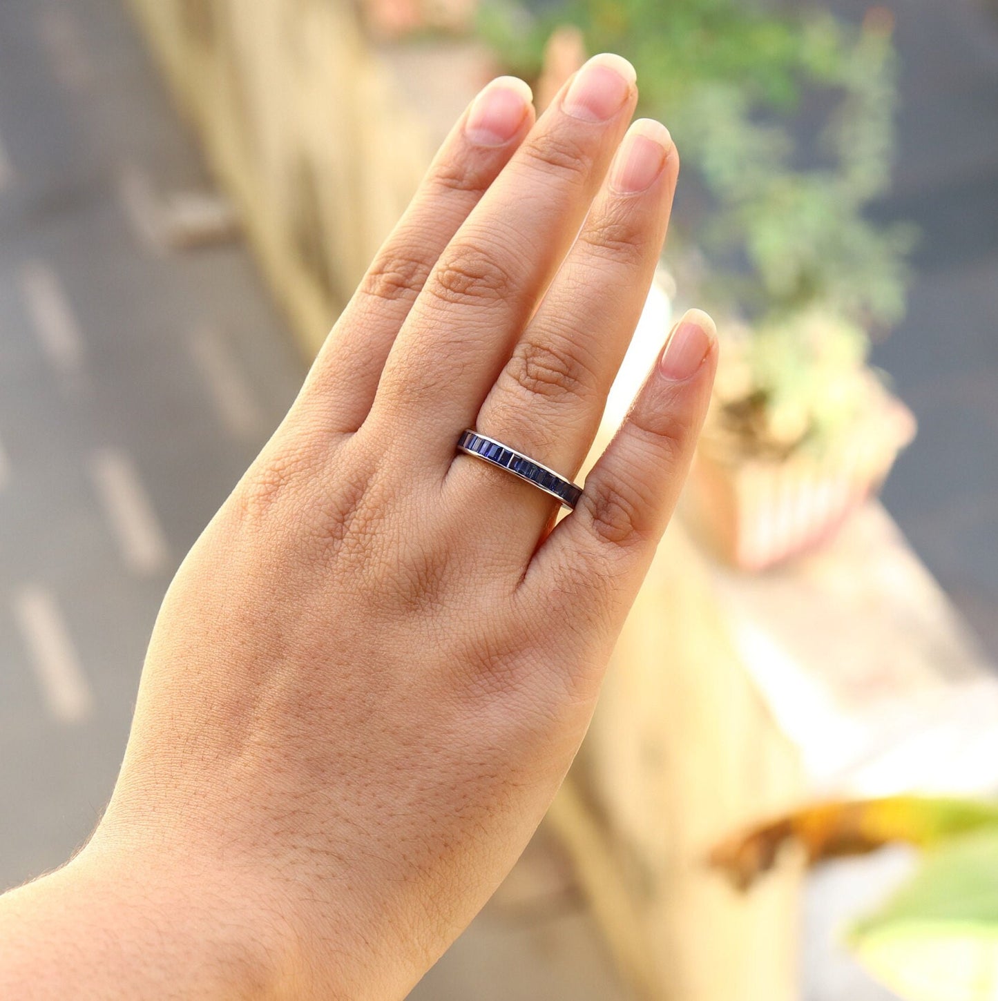 Sapphire Eternity Band . Baguette Cut Eternity Ring 14K Gold