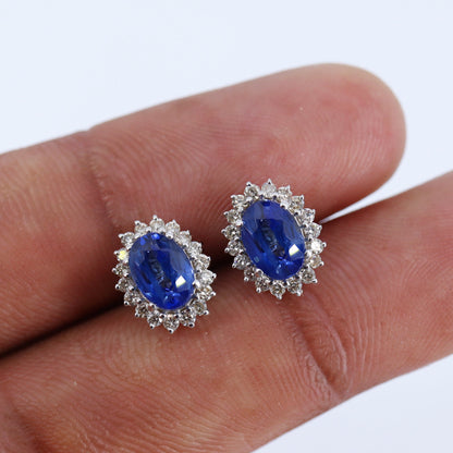 Cluster Studs White Studded Blue Sapphire Earring 14K Gold