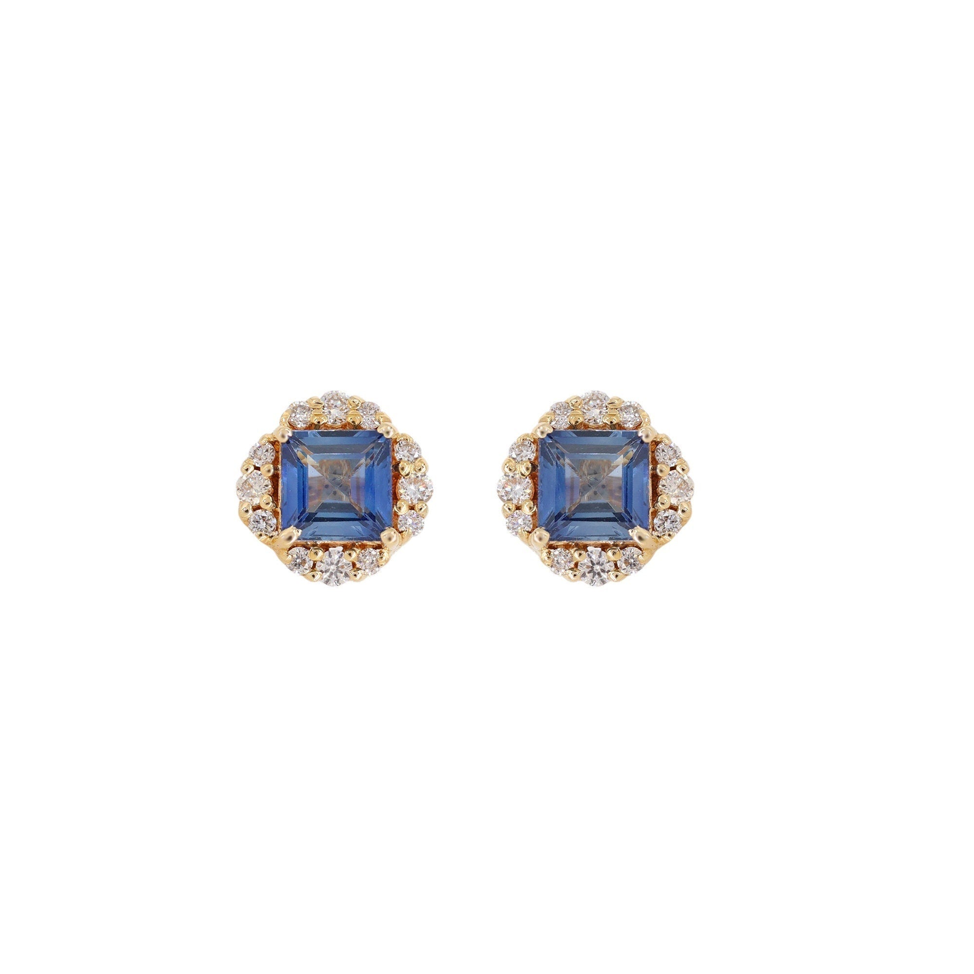 Blue Sapphire Gemstone Studs / Yellow Studs / Princess Cut Sapphire Stone Stud Earring 14K Gold