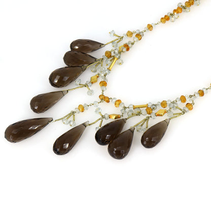 Smoky Quartz Citrine Aquamarine Purple Amethyst Beaded Necklace 14K Gold