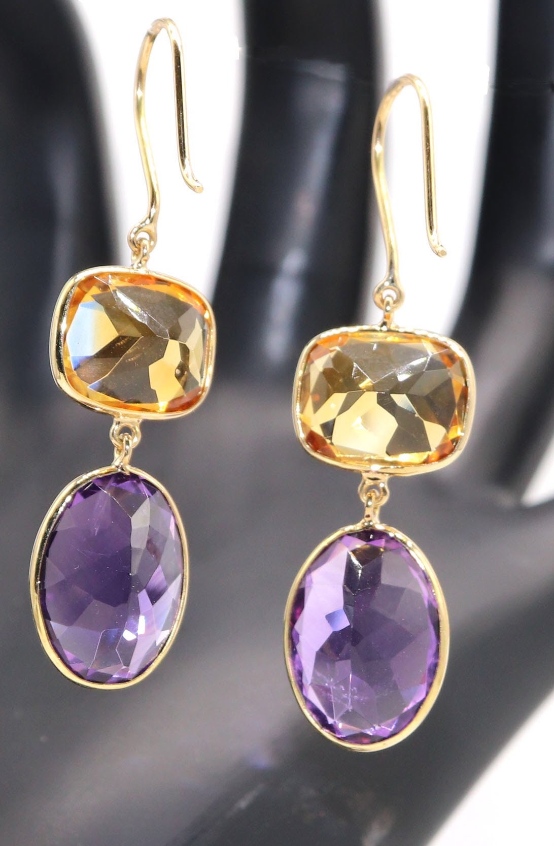 18Kyellow Handmade Citrine Amethyst Hanging Earring Gold
