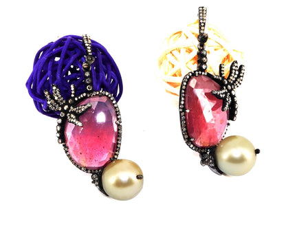 Pink Sapphire Stone Design Pave Genuine Rosecut Earring