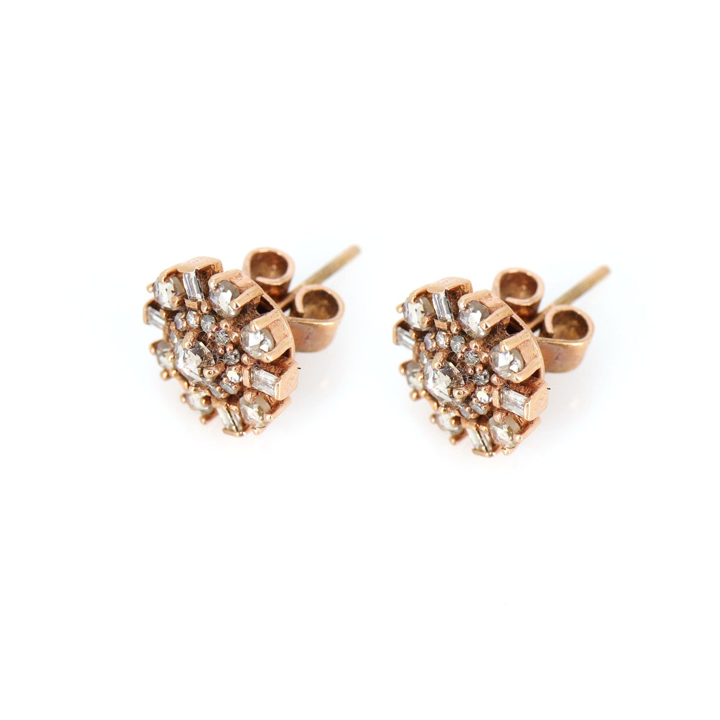 Rose Studs Baguette & Round Cut Rose Studs Real Rose Cut Earring 14K Gold
