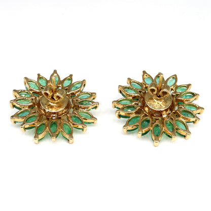 Sun Flower Design Emerald Stud Earring 14K Gold