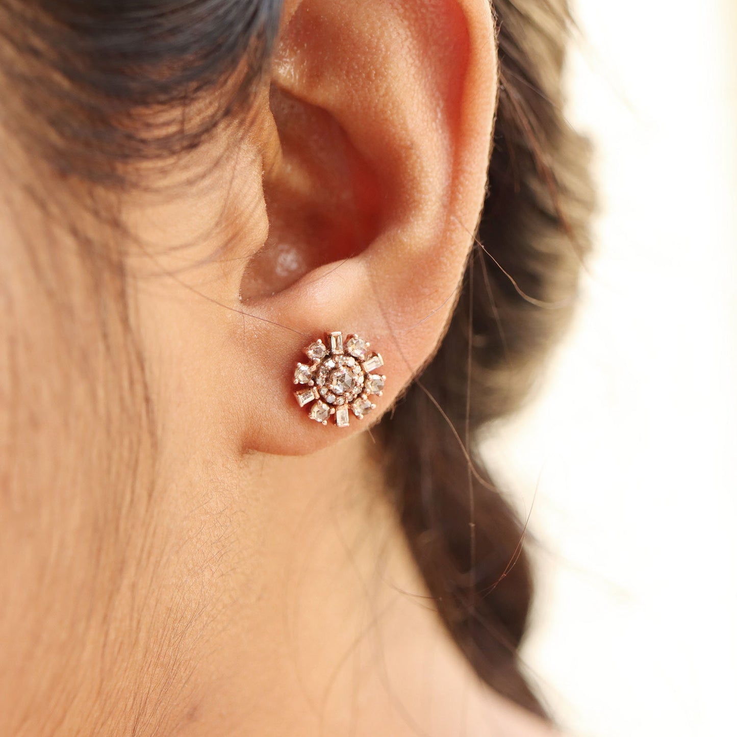 Rose Studs Baguette & Round Cut Rose Studs Real Rose Cut Earring 14K Gold