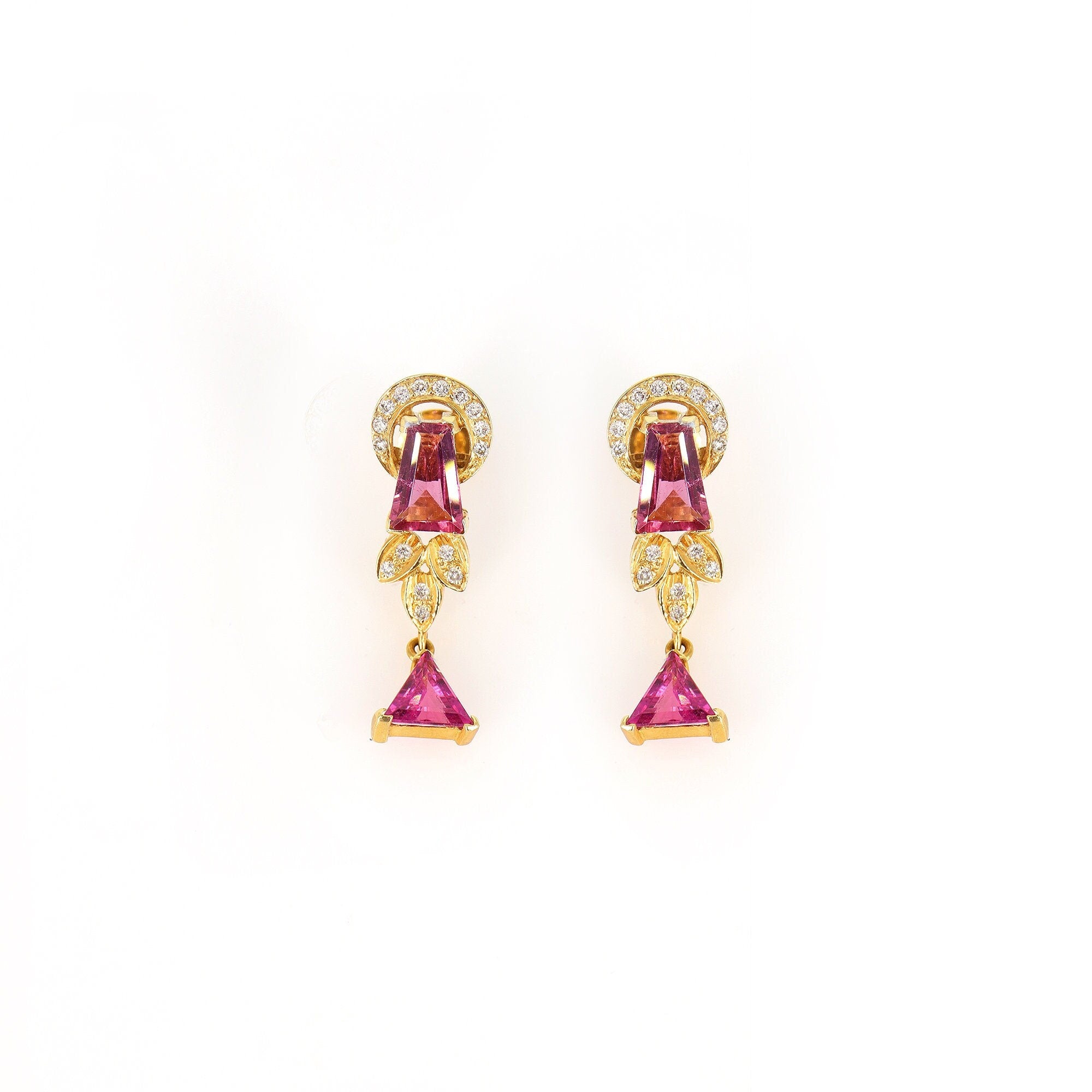 Triangle Tapered Baguette Cut Rubellite Tourmaline Earring 18K Gold