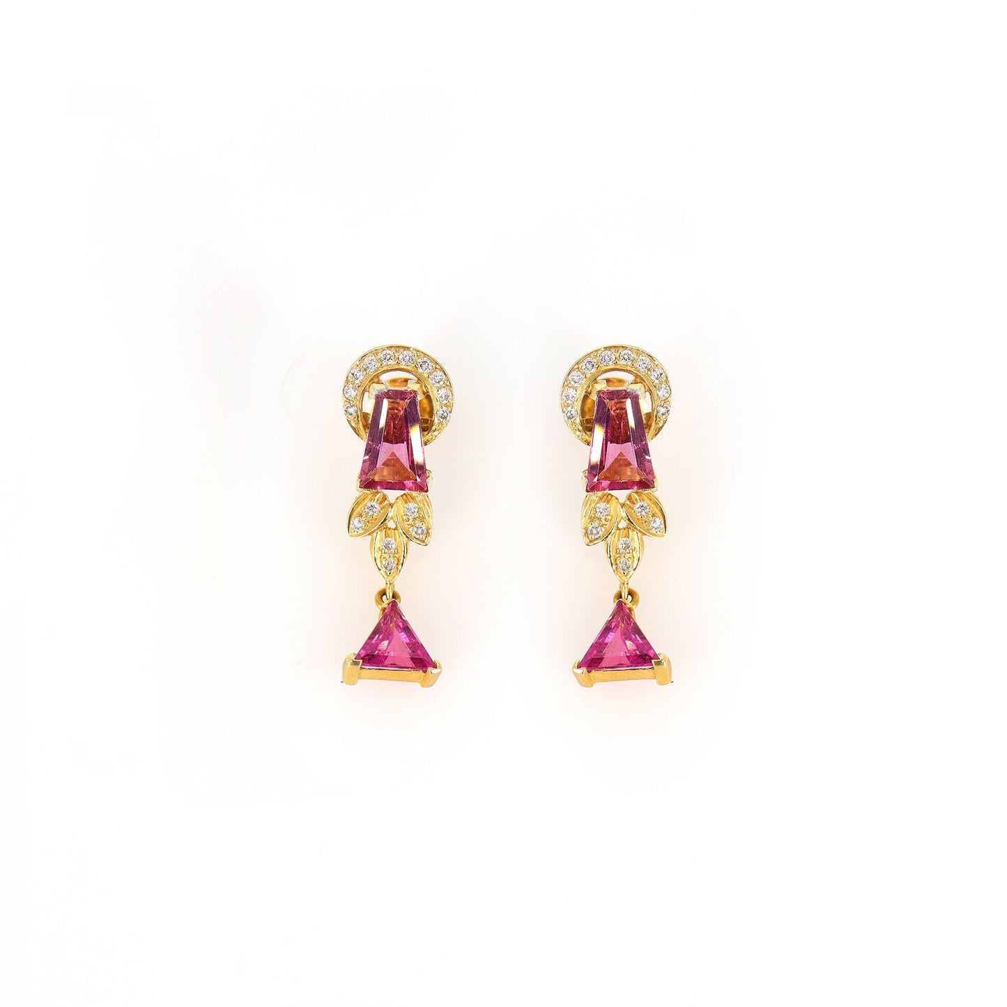 Triangle Tapered Baguette Cut Rubellite Tourmaline Earring 18K Gold