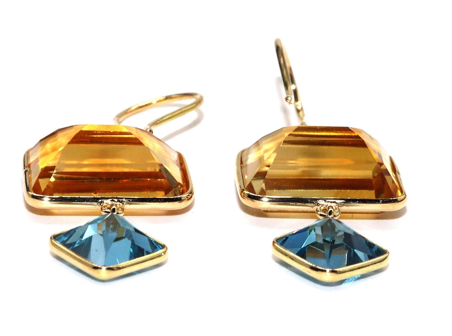 Yellow Handmade Blue Topaz Citrine Hanging Earring 18K Gold
