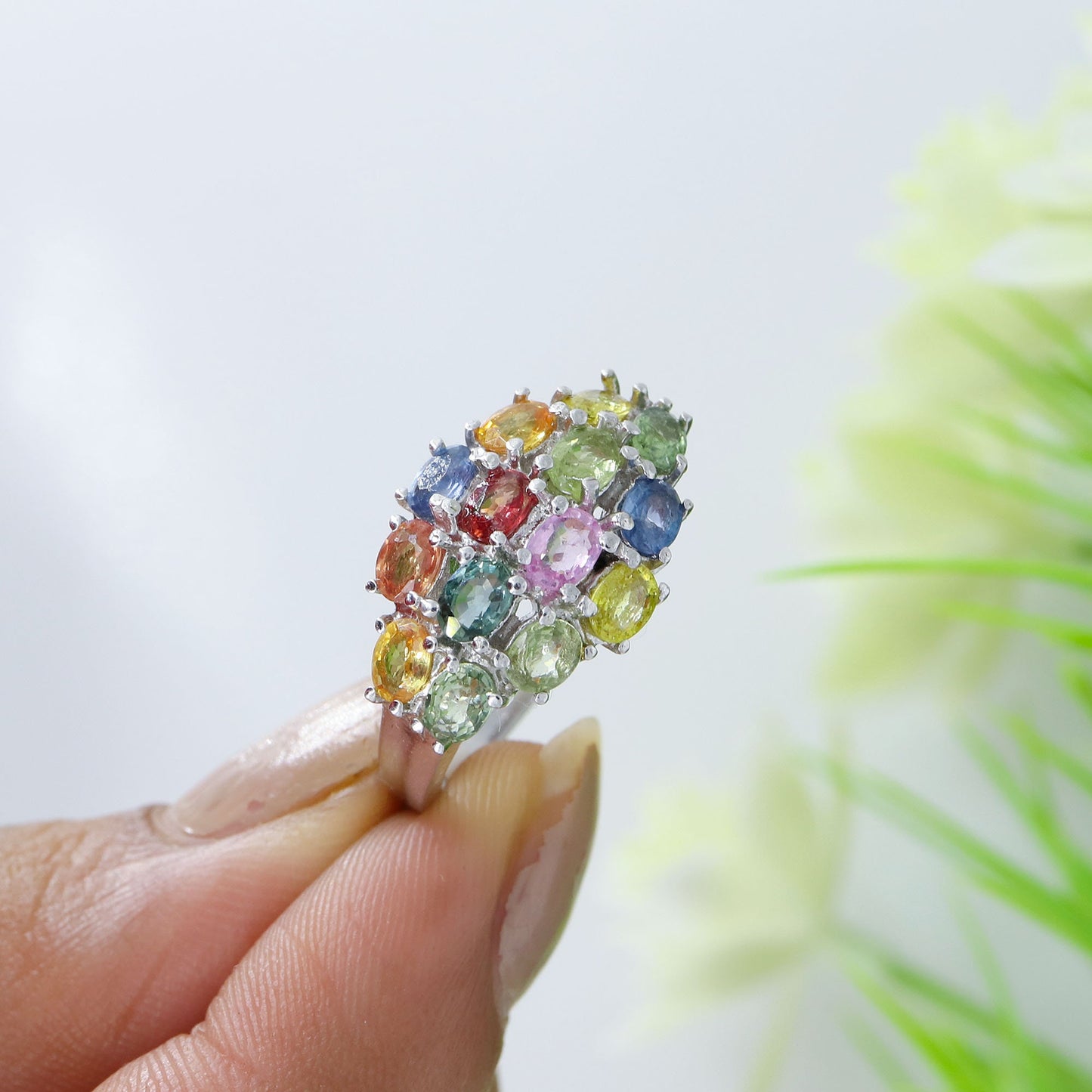 Oval Cut Multi Sapphire Gemstone 925 Sterling Elegant Ring Silver