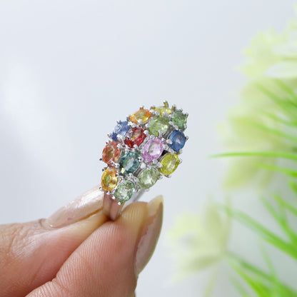 Oval Cut Multi Sapphire Gemstone 925 Sterling Elegant Ring Silver