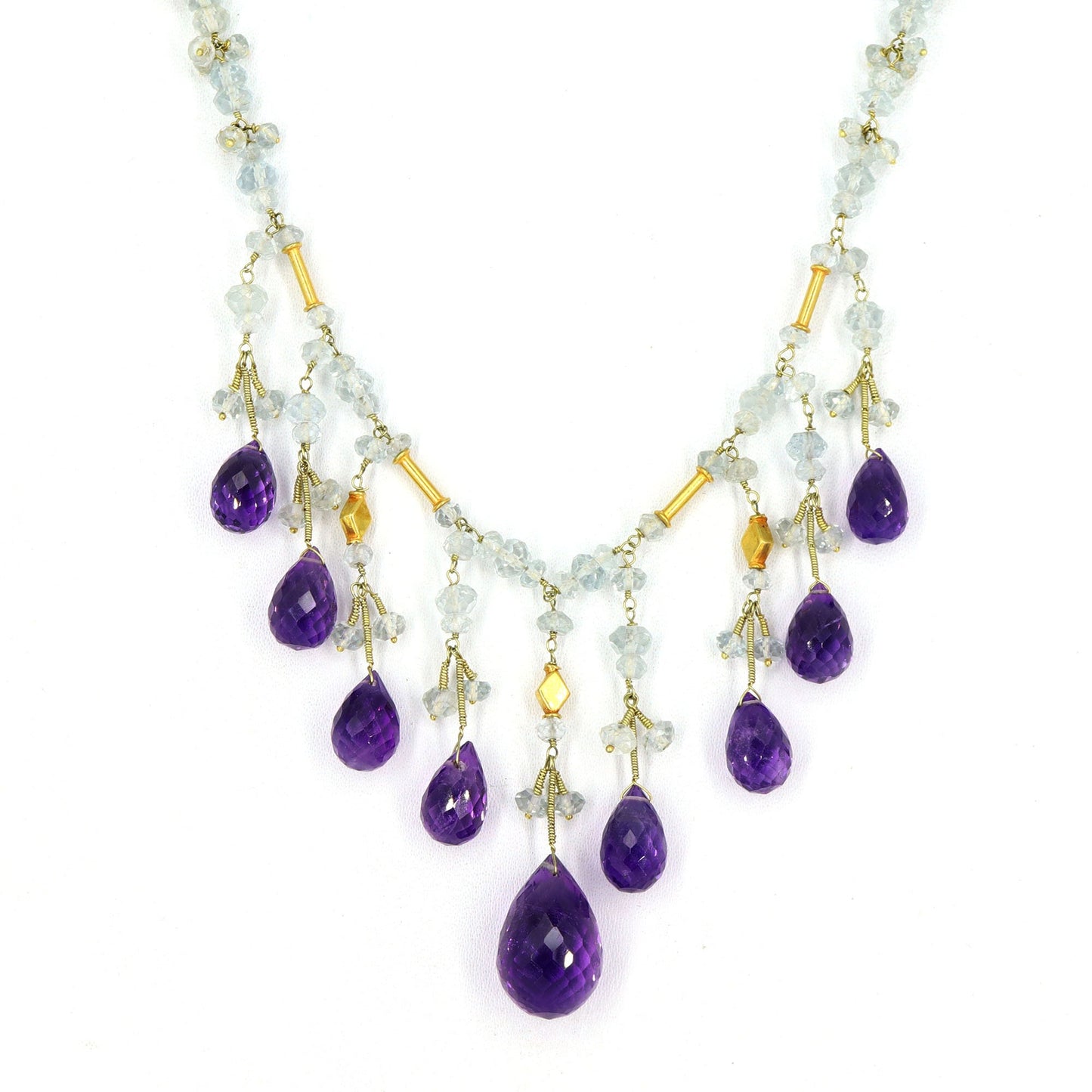 Purple Amethyst Checker Cut Gemstone Briolette Necklace 18K Gold