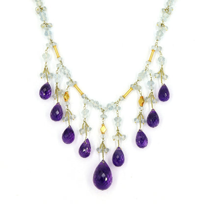 Purple Amethyst Checker Cut Gemstone Briolette Necklace 18K Gold