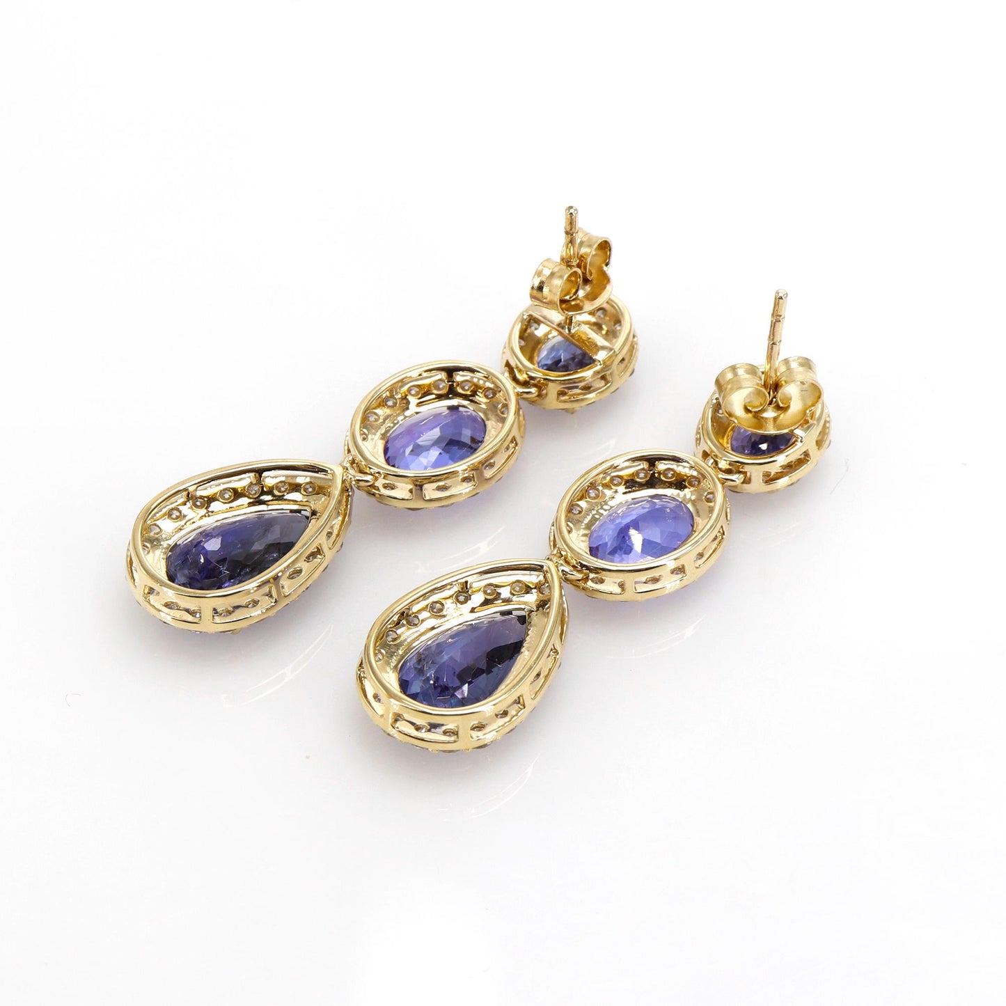 Three Stones Tanzanite & Halo Stud Earring 14K Gold