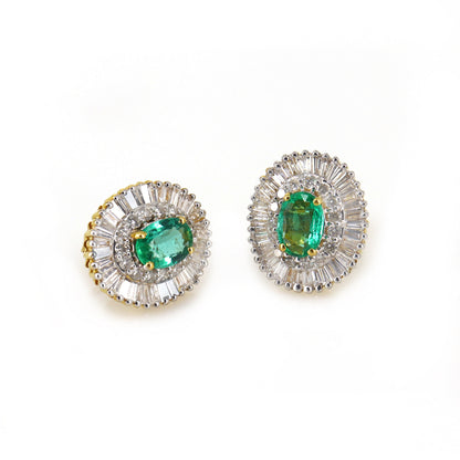 Yellow Studs Oval Cut Emerald & Tapered Baguette Cut Elegant Earring 18K Gold