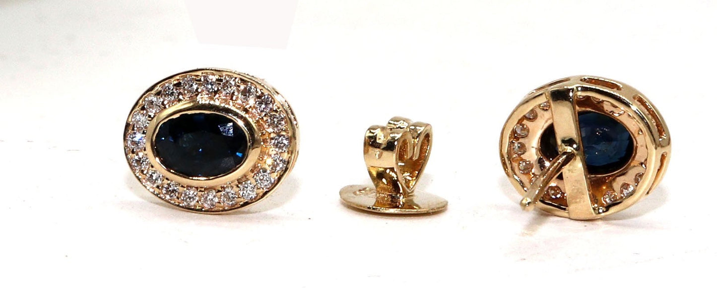 Yellow Studs Blue Sapphire Bezel Setting Fine Sapphire Earring 14K Gold