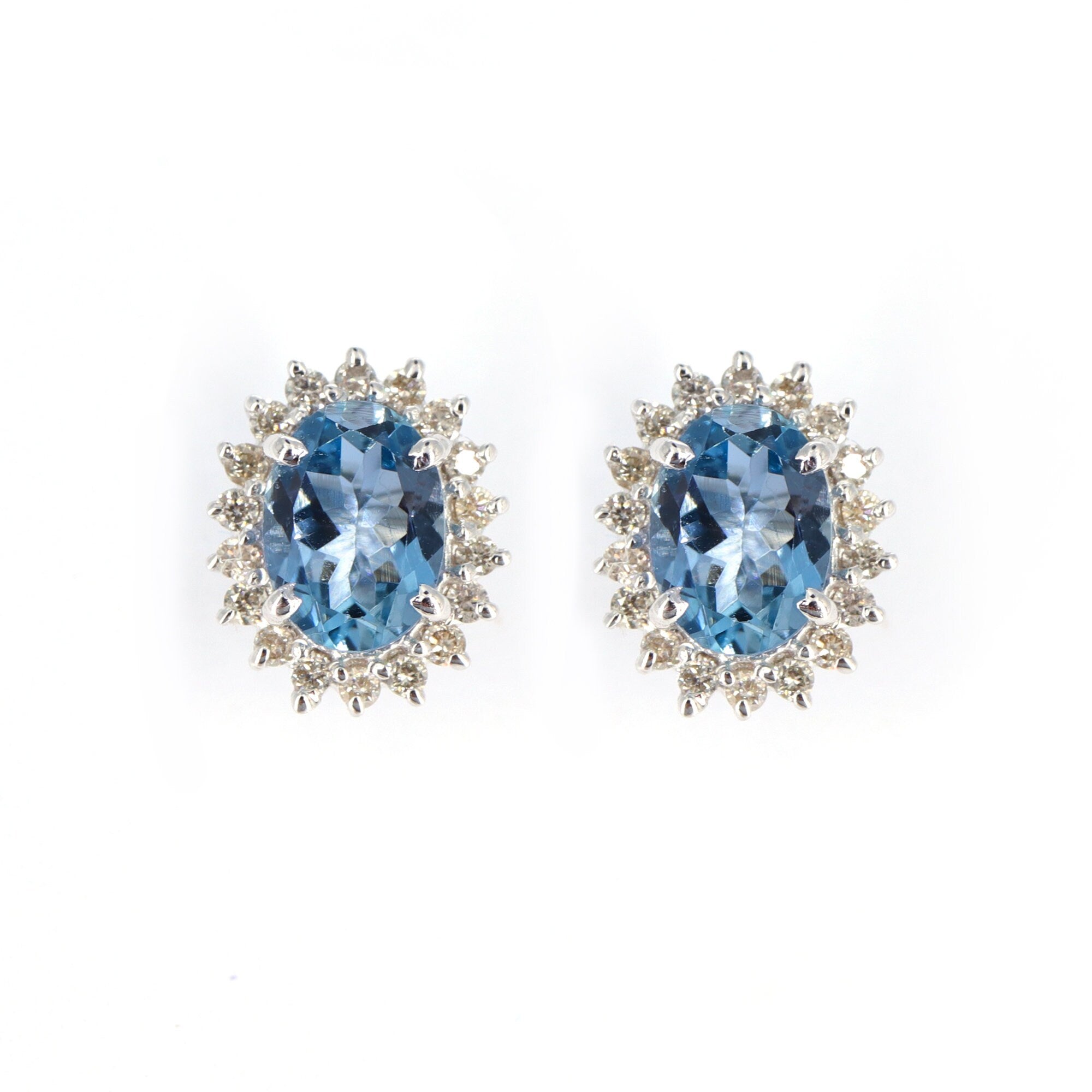 Cluster Studs White Studded Aquamarine Earring 14K Gold