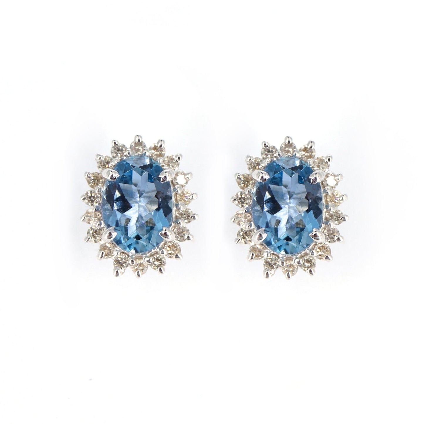 Cluster Studs White Studded Aquamarine Earring 14K Gold