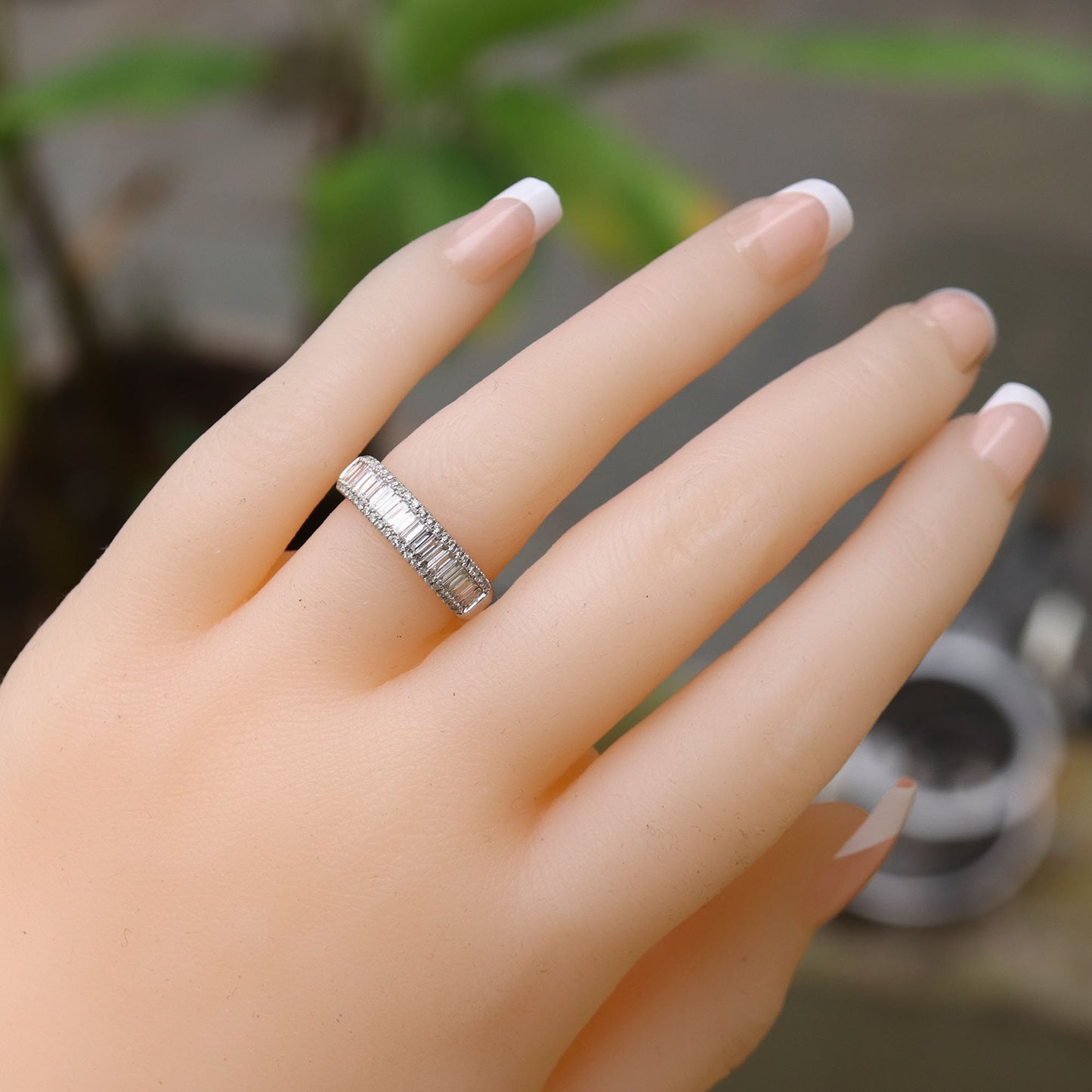 Half Eternity White Band Baguette Round Cut Ring 18K Gold