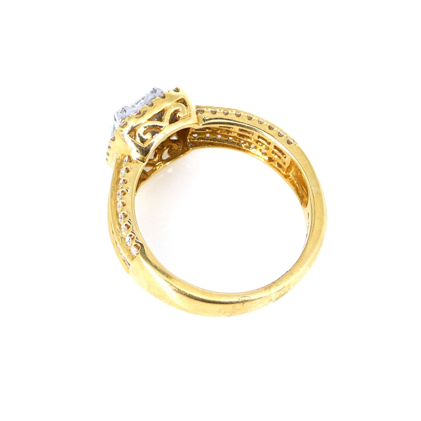 Estate Yellow 1.25 Princess Cut Baguette Cut Round Cut Invisible W/ Dual Halo Pave & Channel Sides Ring 18K Gold