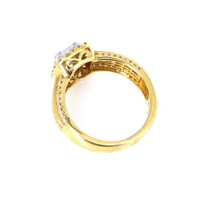 Estate Yellow 1.25 Princess Cut Baguette Cut Round Cut Invisible W/ Dual Halo Pave & Channel Sides Ring 18K Gold