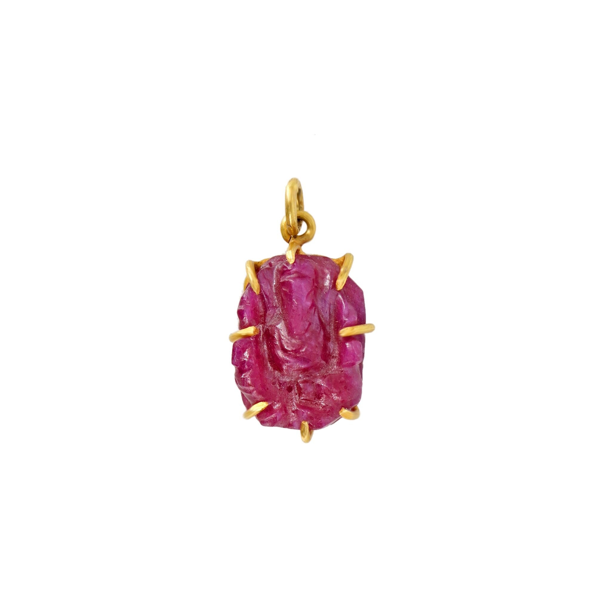 Ganesha Ruby Hand Carvings Gemstone Pendant 14K Gold