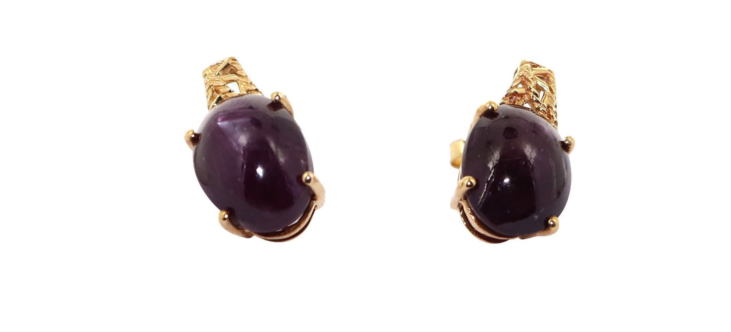 Star Ruby Studs Yellow Certified Genuine Ruby Cabochon Solitaire Earring 14K Gold