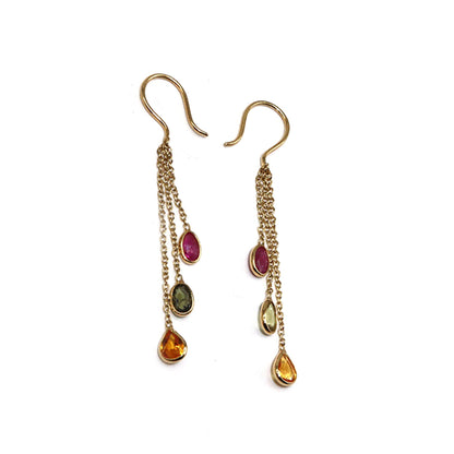 Yellow Handmade Multi Sapphire Ruby Hanging Earring 18K Gold