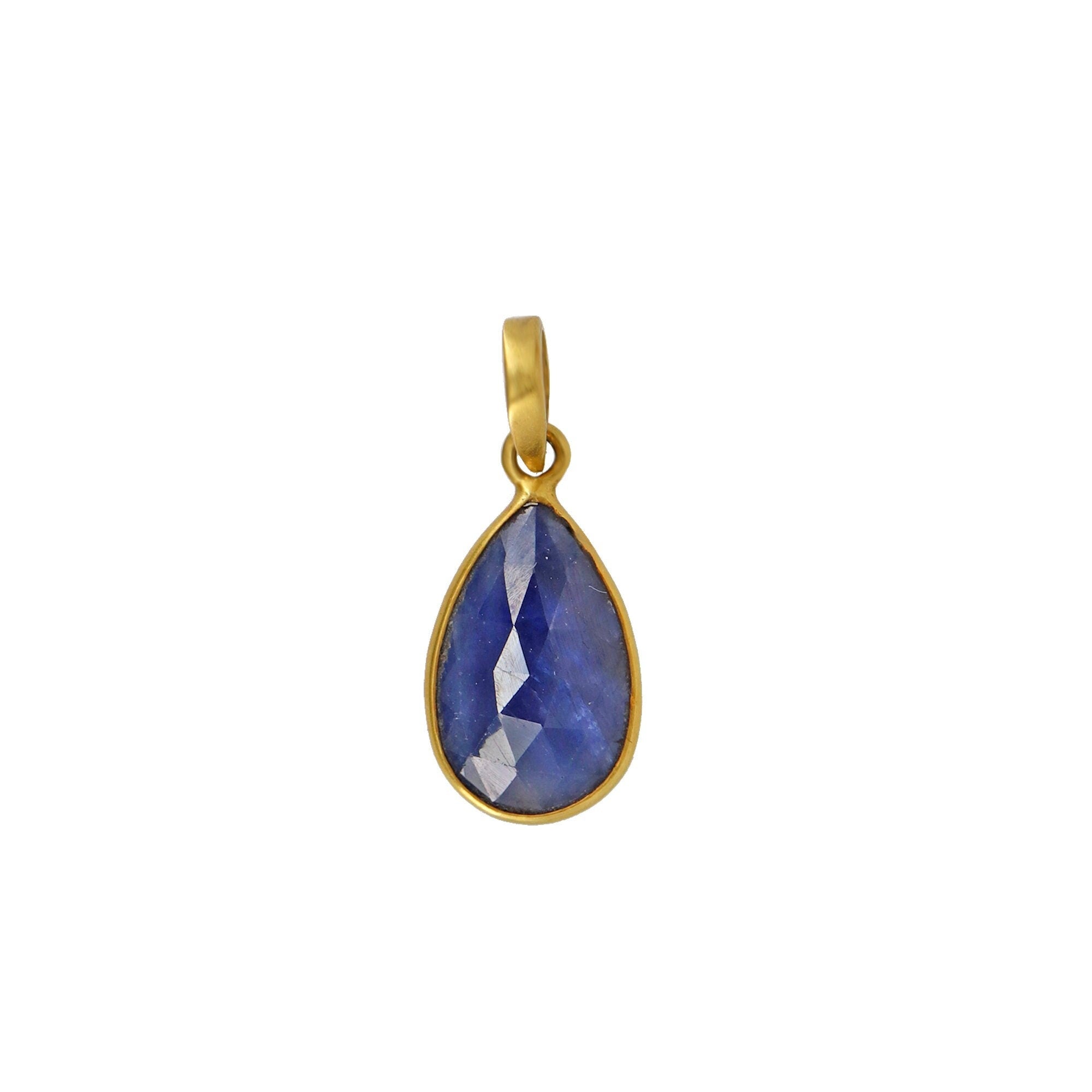 Blue Sapphire Cabochon Rose Cut Gemstone Handmade Pendant 18K Gold