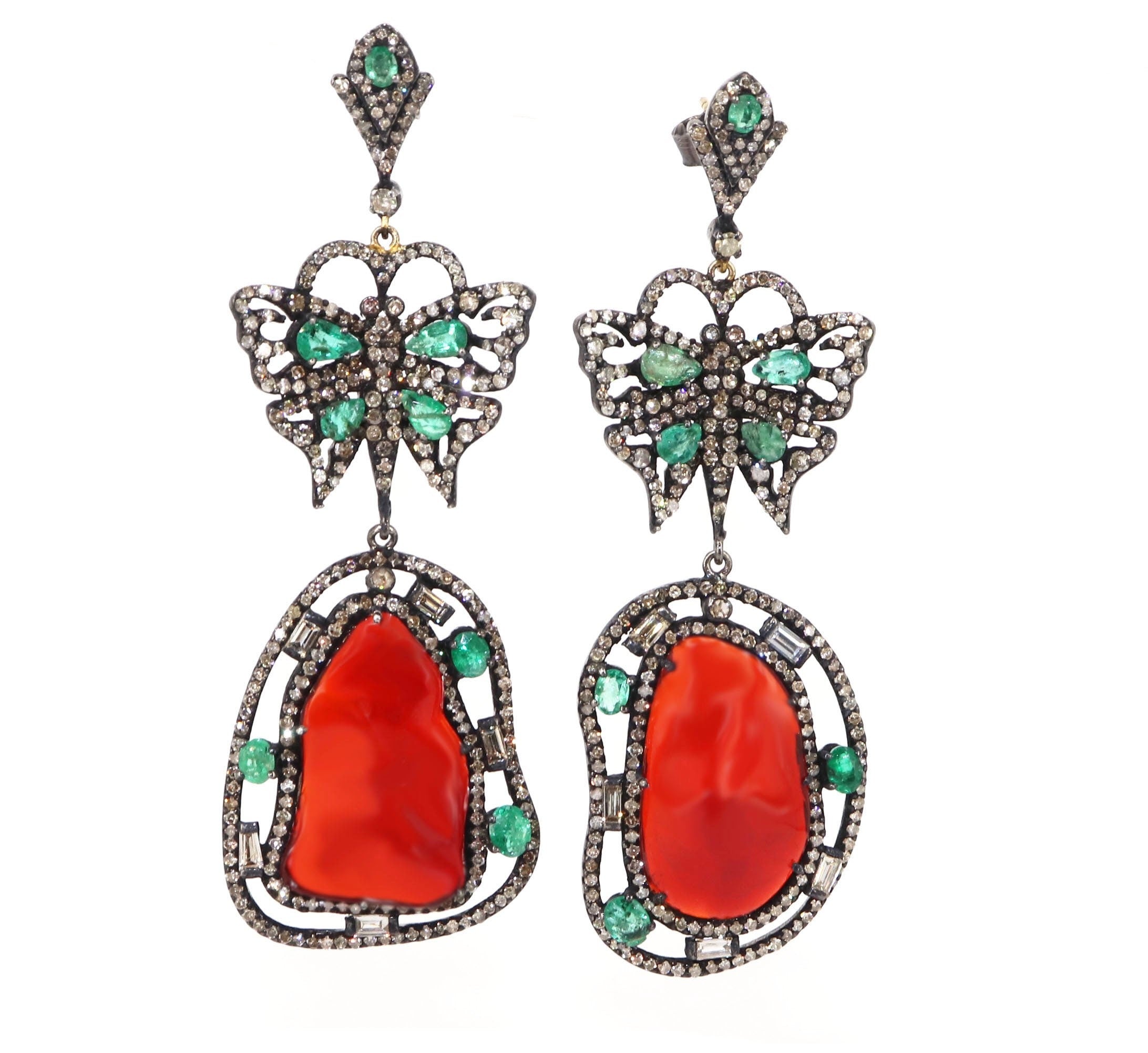 Genuine Fire Opal Emerald Pave Long Dangle Earring