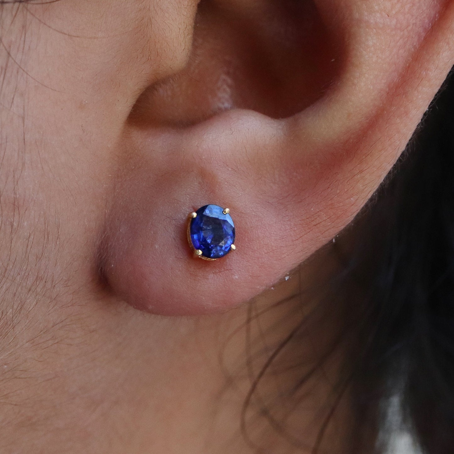 6Mm Tiny Oval Studs Daily Wear Studs Blue Sapphire Yellow Sapphire Earring 14K Gold