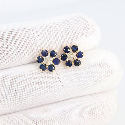 Genuine Blue Sapphire Stud Earring 14K Gold