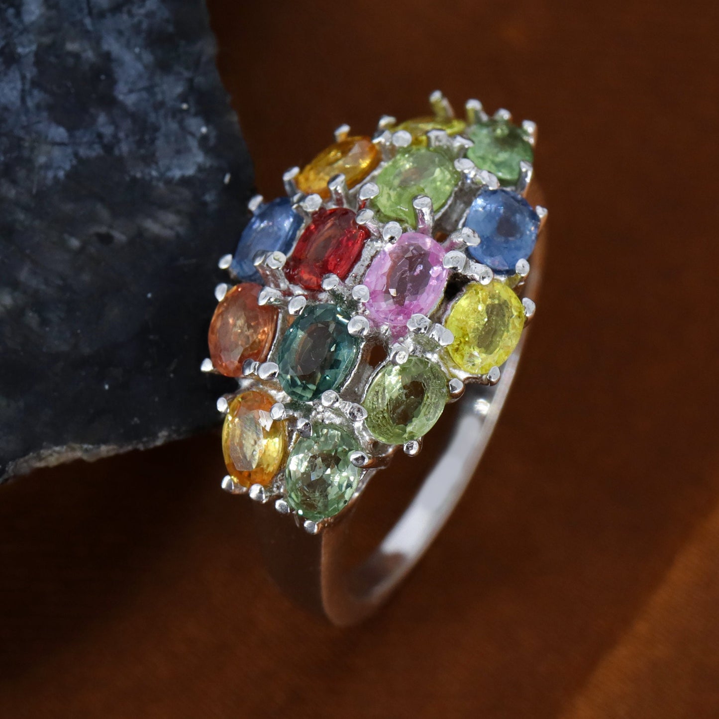 Oval Cut Multi Sapphire Gemstone 925 Sterling Elegant Ring Silver