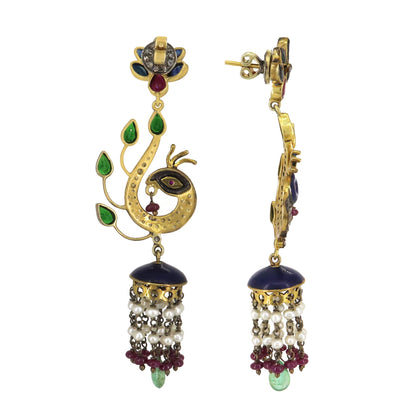Emerald Chrome Diopside Sapphire Ruby Pearl Jewellery Kundan Enamel Style Indian Jewellery Traditional Earring