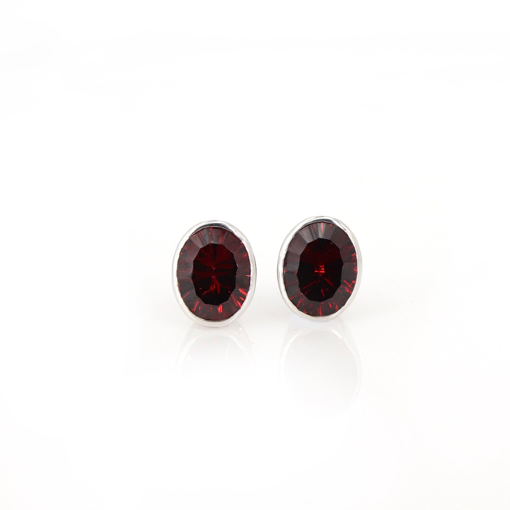 Bezel Red Garnet Oval Shape Studs 14Kt White I Love You Written Studs January Studs Gold