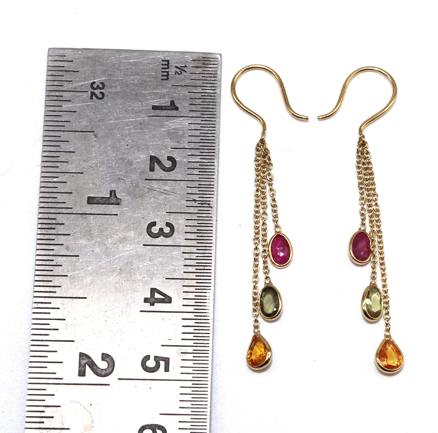 Yellow Handmade Multi Sapphire Ruby Hanging Earring 18K Gold