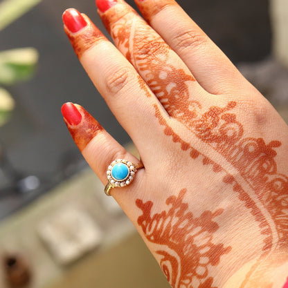 Vintage 9K Pearl & Blue Stone Turquoise Cocktail Ring Gold