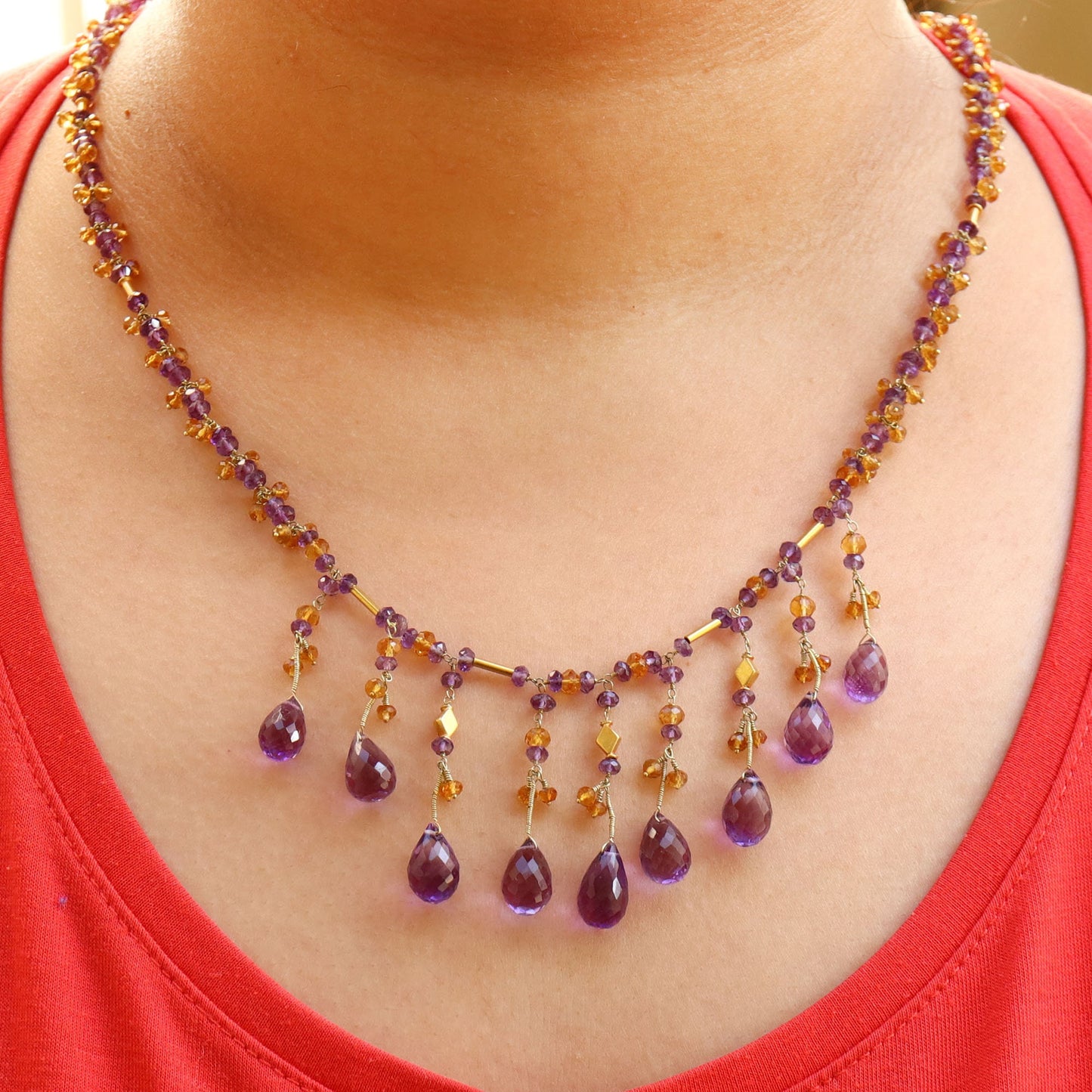 Purple Amethyst Citrine Gemstone Yellow Necklace 18K Gold