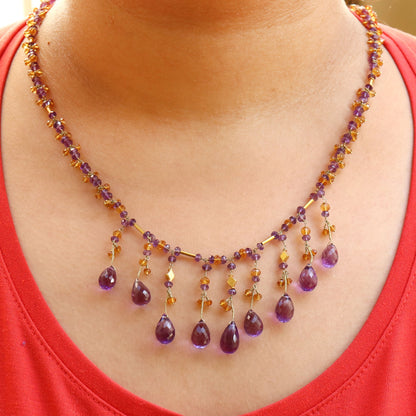 Purple Amethyst Citrine Gemstone Yellow Necklace 18K Gold