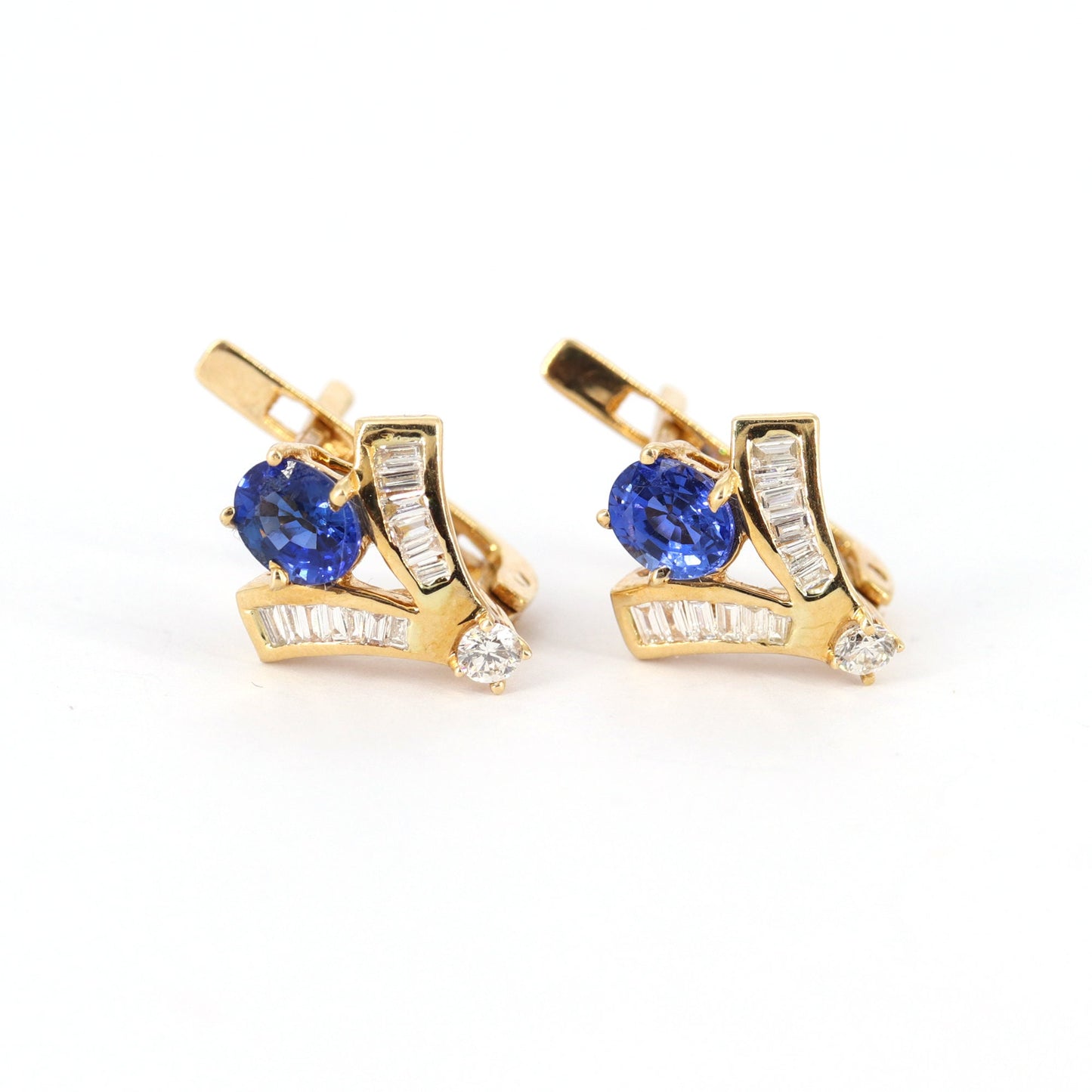 Yellow Studded Blue Sapphire Studs Baguette Cut Round Earring 14K Gold
