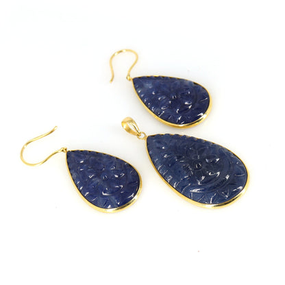 Blue Sapphire Carving Jewelry Women Sapphire Pendant 18K Gold