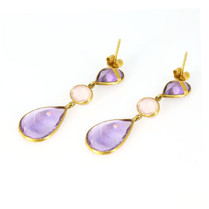 Stunning Purple Amethyst Rose Quartz Earring 18K Gold