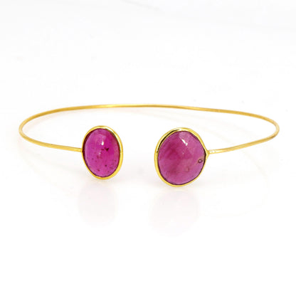 Open Cuff Flexible Bangle Deep Red Ruby Star Ruby Setted Yellow /Proposal /Trendy Des 14K Gold