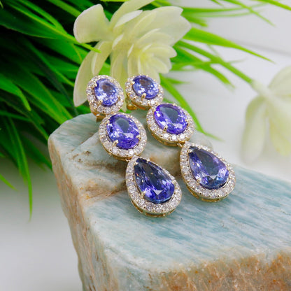 Three Stones Tanzanite & Halo Stud Earring 14K Gold