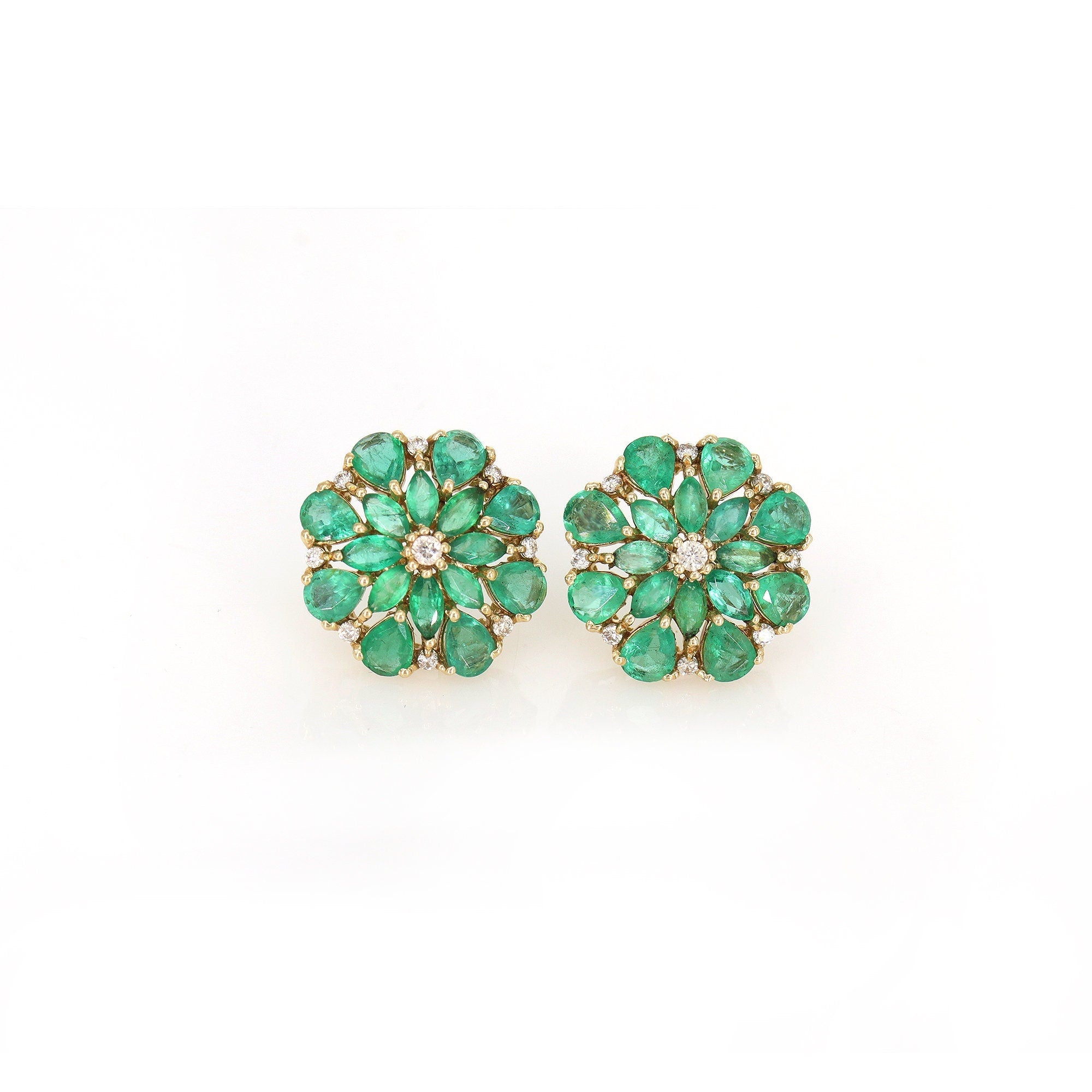Real Emerald Floral Pattern Studs Earring 14K Gold