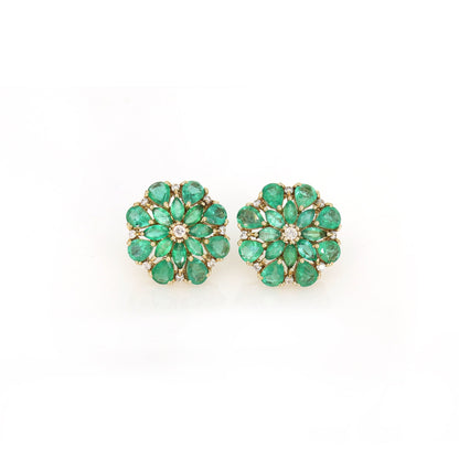 Real Emerald Floral Pattern Studs Earring 14K Gold