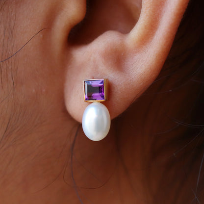 Amethyst/Peridot/Garnet Pearl Drop Earring Gold