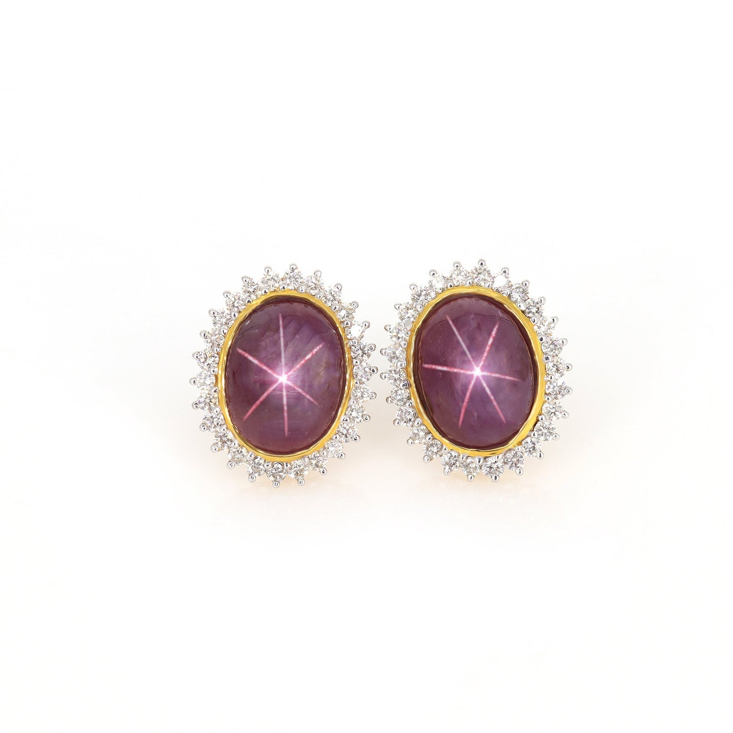 Big Size Star Ruby Studs Yellow Cluster Earring 18K Gold