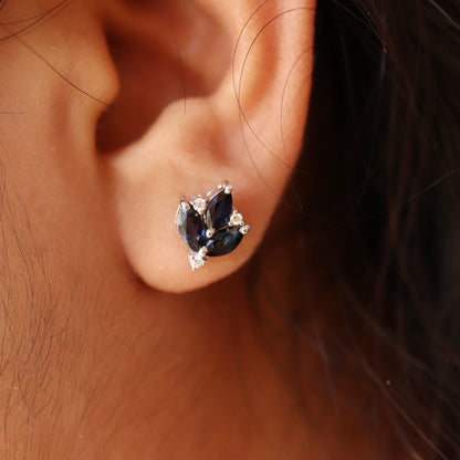 Lotus Style Studs White Sapphire & Studs Marquise Cut Blue Sapphire September 14K Gold