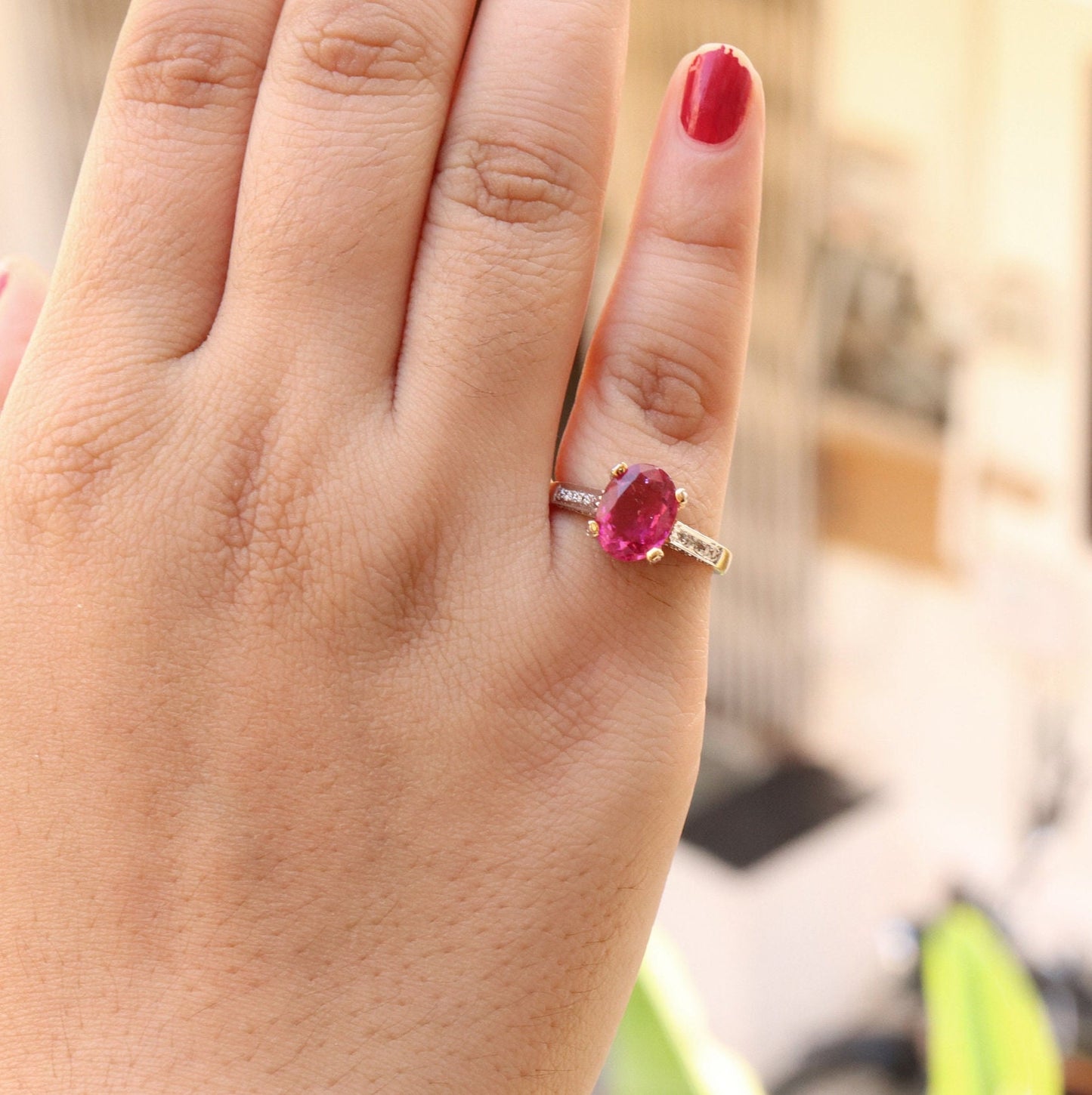 Nice Dark Pink Tourmaline Yellow Ring 18K Gold