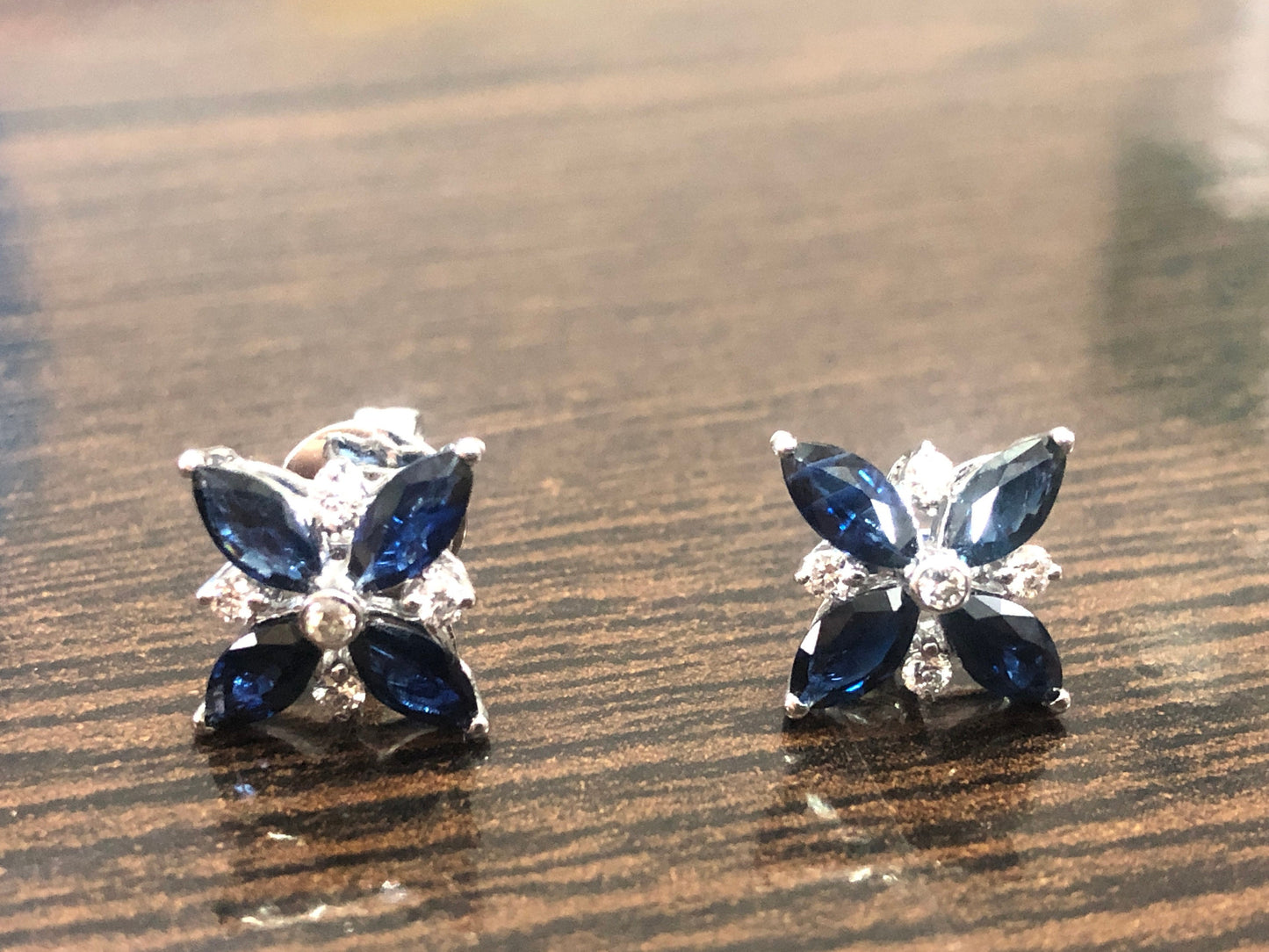 White Ear Studs Blue Sapphire Blue Sapphire Earring 14K Gold